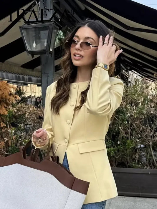 Blazer Feminino Amarelo Manga Longa Elegante para Escritório e Casual