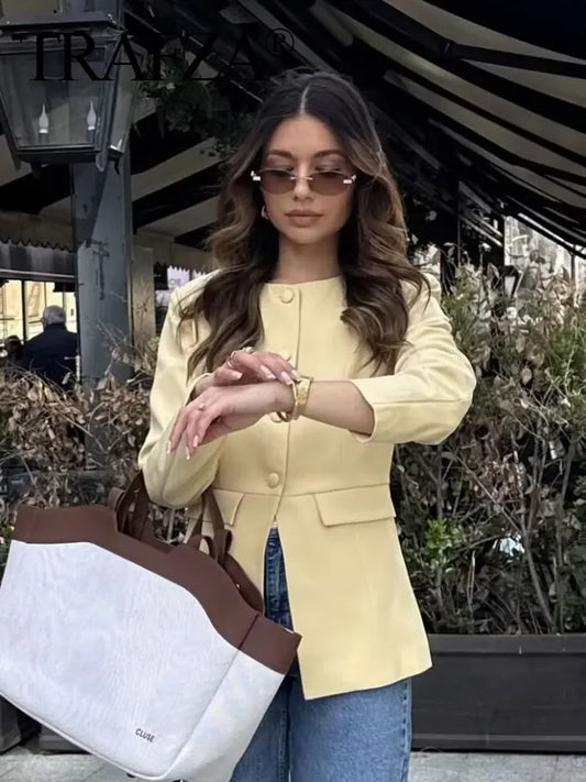 Blazer Feminino Amarelo Manga Longa Elegante para Escritório e Casual